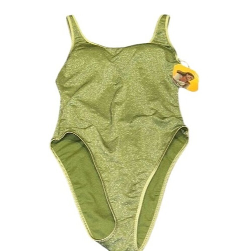 Noel Womens High Leg Cheeky One-Piece Swimsuit Olive Green Glitter S (4-6)